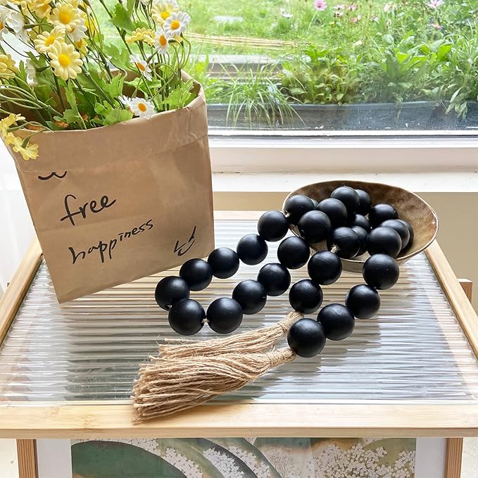 OMISHE 50" Long Extra Large Wood Bead Garland with 1.6" Diameter Wooden Beads and Tassels, Rustic Farmhouse Country Decorative Beads for Home Tiered Tray Decor, Black