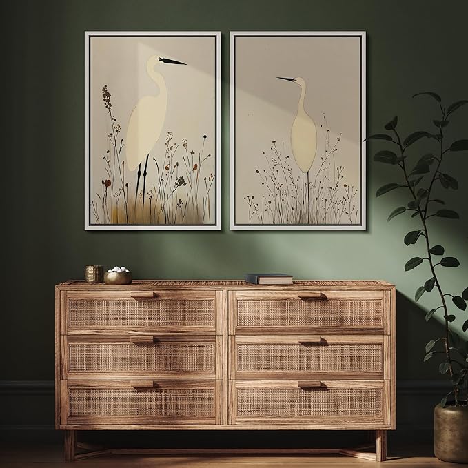 SIGNFORD Framed Canvas Print Wall Art Set Minimalist Heron Art Simplified Shapes in Neutral Tones Illustration Modern Art Decorative Nordic Nature for Living Room, Bedroom, Office - 16"x24"x2 White