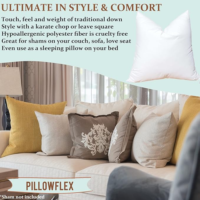 Pillowflex Synthetic Down Pillow Insert - 18x18 Down Alternative, Ultra Soft Throw Pillow, Couch Sham, Bed Sleeping Accent Pillow - 1 Decorative Accent Form
