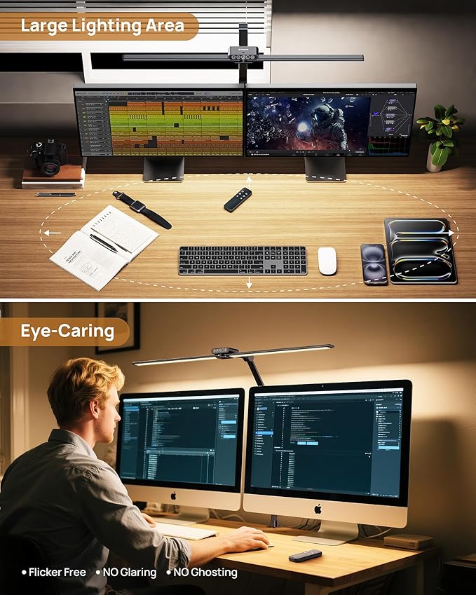 TROND LED Desk Lamp with Clamp, 29.55'' Tall Desk Light with Remote, 1500LM Bright Table Lamp, Swing Arm Clip on Light, Eye-Caring, Touch Control Dimmable for Home Office Monitor Reading Study Task