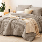 CozyLux Full Size Comforter Sets with Sheets Seersucker 7 Pieces Khaki Bed in a Bag Textured Luxury Soft Bedding Set with Down Alternative Comforter, Sheets, Pillowcases & Shams for All Seasons