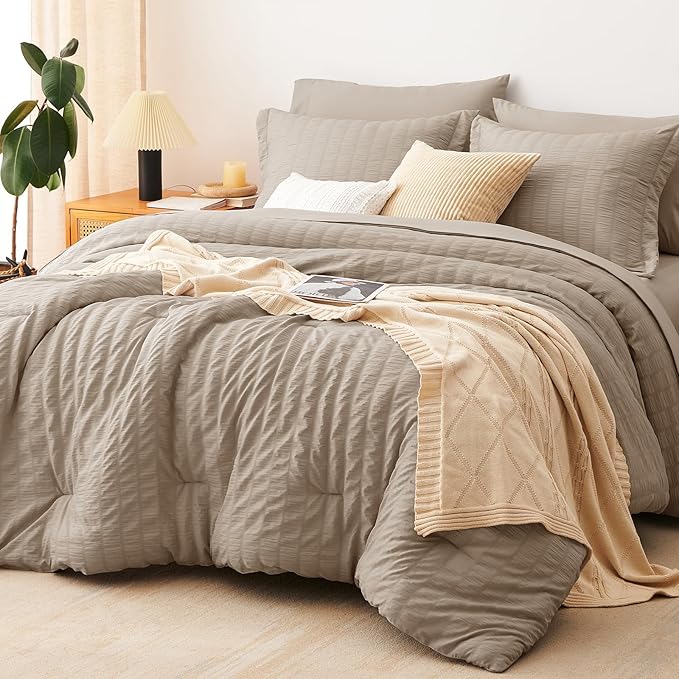 CozyLux King Size Comforter Set Khaki Seersucker 7 Pieces Bed in a Bag King Comforter Set with Sheets, Luxury Soft Bedding Set with Down Alternative Comforter, Sheets, Pillowcases & Shams All Seasons