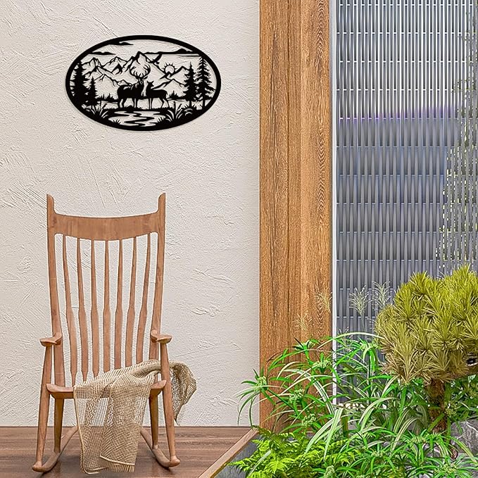 Rustic Metal Deer Cabin Sign, Christmas Gift for Living Room,Welcome Sign, Deer Outdoor Metal Wall Art, Great Gift for Hunters, Cabin Deco