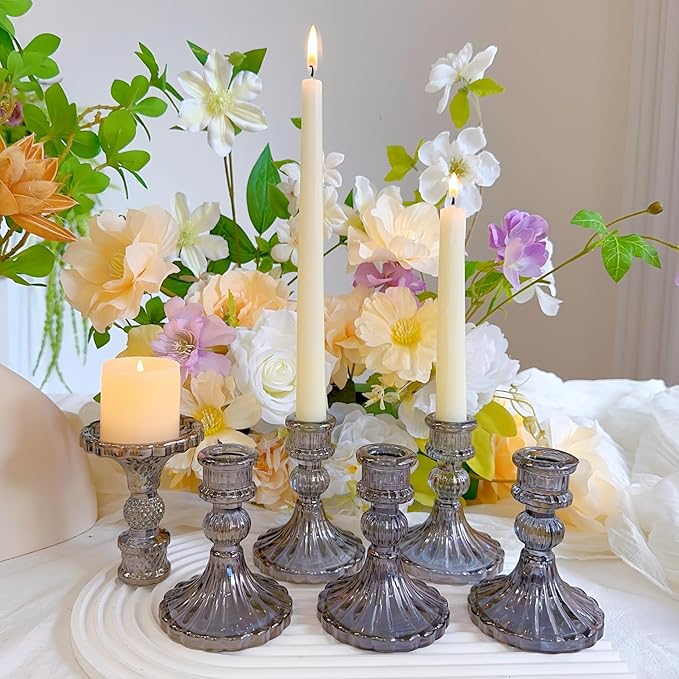 Glass Candlestick Holder,Striped Taper Candle Holders,Set of 6 Candle Stand for Table Centerpieces, Home Decor,Weddings,Festival and Parties (Grey Stripe Pattern)