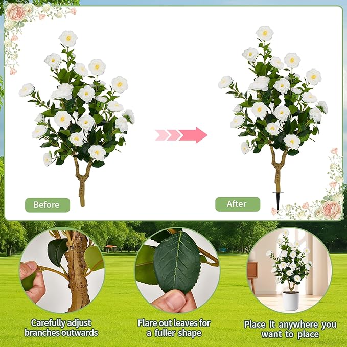 Romantic Season 2Pack 36" Artificial Camellia Tree with Ground Spike - White Faux UV Resistant Blooming Bush, Lifelike Camellia Flowers for Indoor Outdoor Decor, Perfect for Wedding
