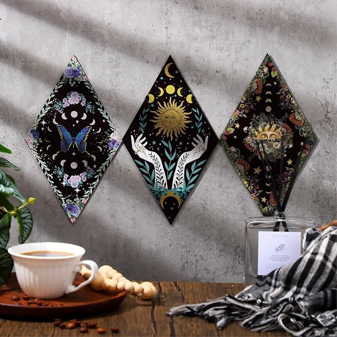 Qunclay 6 Pcs Rustic Boho Wall Decor Gothic Wall Art Witchy Phases Moon Sun Home Decor Wooden Farmhouse Hanging Halloween Christmas Decoration(Classic Style)