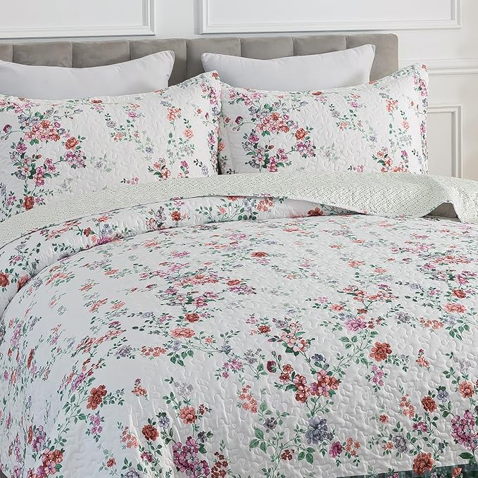 Travan 3-Piece Quilt Set Quilted Bedspread Lightweight Coverlet Set Garden Style Floral Printed Oversized Quilted Bedding Set with Shams for All Season, Exquisite, Queen Size