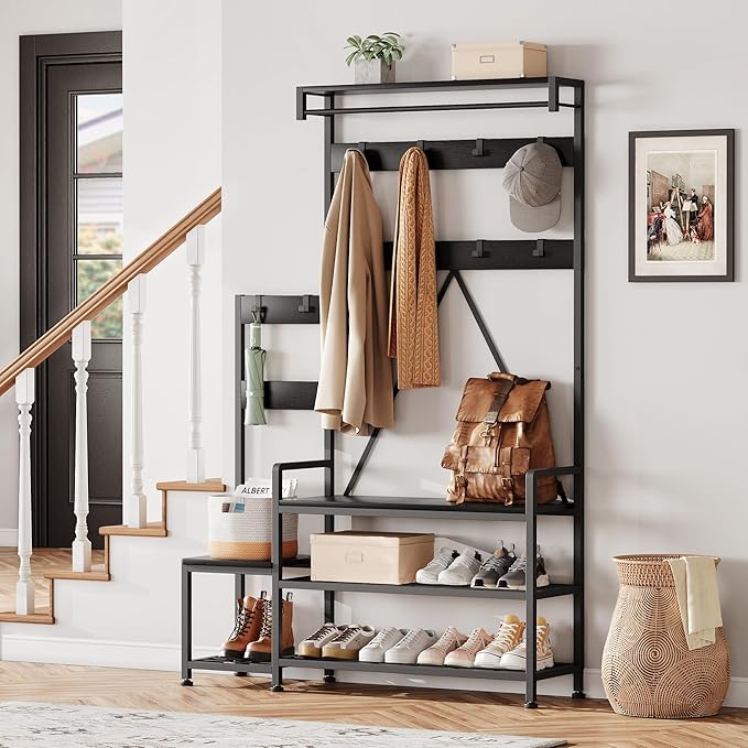 IDEALHOUSE Parent-Child Coat Rack Shoe Bench Hall Tree with Bench and Shoe Storage Industrial Coat Tree Entryway Large Organizer with Shoe Rack, Storage Cubbies, Hooks, and Top Shelf