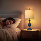 QiMH Farmhouse Table Lamp Set of 2, Rustic Table Lamps for Living Room, Vintage Nightstand Lamp with Rotary Switch, Beside Lamps for Bedroom, Traditional Table Lamps with Linen Shade, Blue