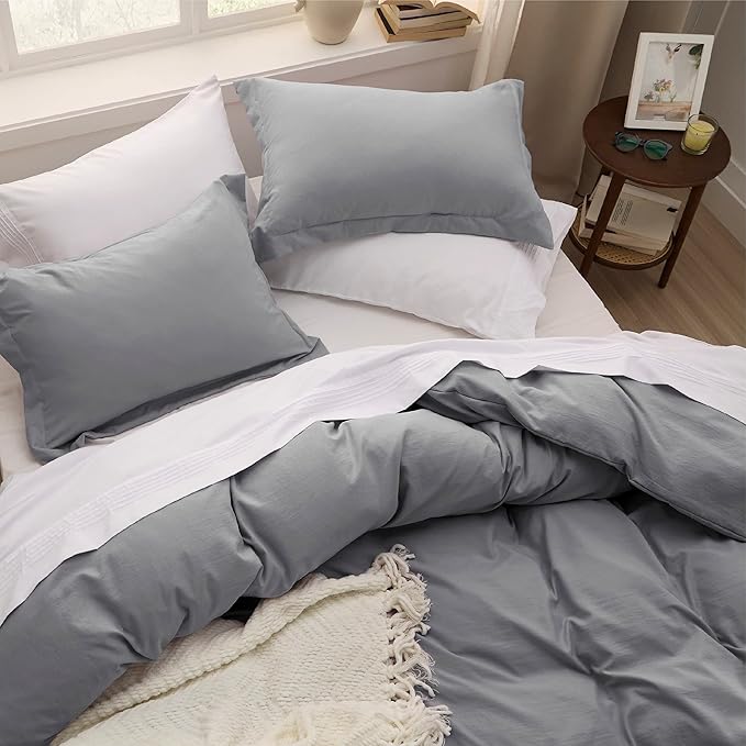 Bedsure Grey Duvet Covers Queen Size - Washed Duvet Cover, Soft Queen Duvet Cover Set 3 Pieces with Zipper Closure, 1 Duvet Cover 90x90 inches and 2 Pillow Shams
