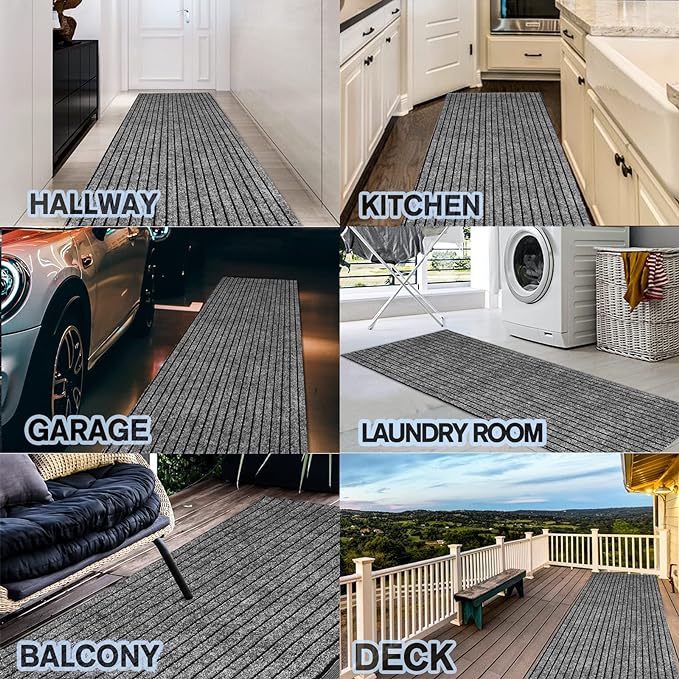 Custom Size Backed Non-Slip Area Rugs Runner, Easy Clean, Waterproof Runner Rugs for Hallway Entryway, Kitchen, Laundry, 4FT x 78FT, Gray Stripe