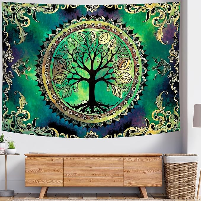 Delur Tree of Life Tapestry Green Nature Bohemian Mandala Spiritual Tapestry Wall Hanging Mystical Landscape Hippie Psychedelic Headboard for Bedroom Living Room Home Decor (51.2" x 59.1")