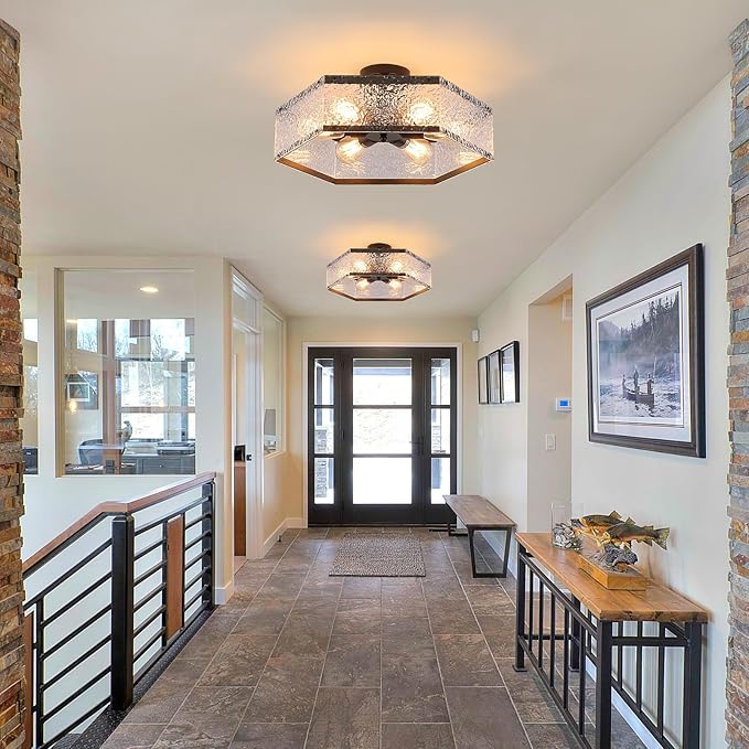 6-Light Large Modern Black Flush Mount Ceiling Light Fixture 20 inch Water Ripple and Metal Hexagon Cage Semi Flush Mount Ceiling Light for Hallway Entry Bedroom Living Room Farmhouse, Black