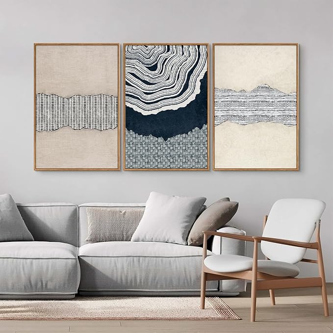 SIGNINART Blue and Beige Framed Canvas Wall Art Set, Neutral Abstract Tree Ring Wall Decor, Minimalist Dots and Line Artwork, Geometric Pattern Art Paintings for Living Room, Bedroom, Office 16"x24"x3