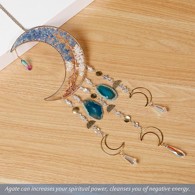 Agate Gemstone Dream Catcher 7 Chakra Tree of Life Dream Catcher with Crystal Stones Handmade Dreamcatcher Wall Decor for Adults Boys Girls,Bedroom,Wedding,Garden,Bless Gift(Blue Moon with Pendant)