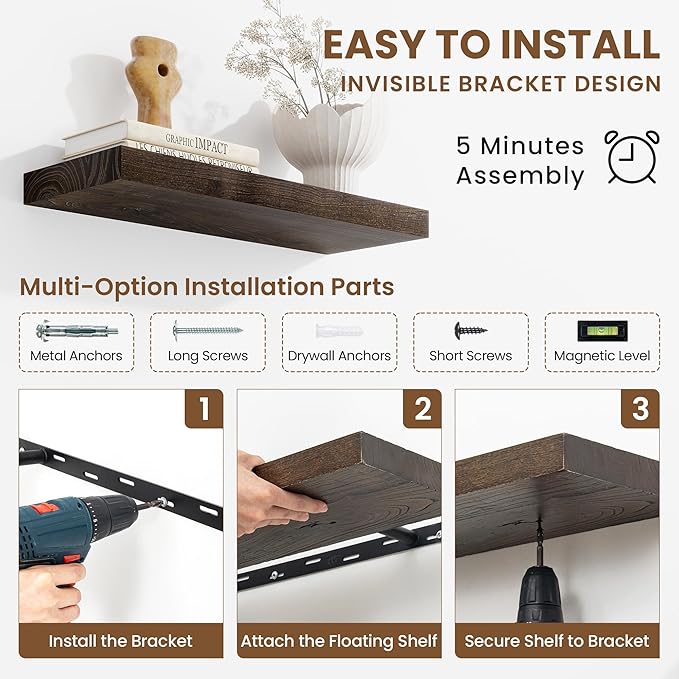 Floating Shelves, 8" Deep Rustic Solid Elm Wood Wall Mounted Floating Shelves, Wall Shelves with Invisible Bracket for Living Room Bathroom Bedroom Kitchen, 36 Inch Set of 2, Walnut