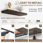 Floating Shelves, 8" Deep Rustic Solid Elm Wood Wall Mounted Floating Shelves, Wall Shelves with Invisible Bracket for Living Room Bathroom Bedroom Kitchen, 32 Inch Set of 2, Walnut