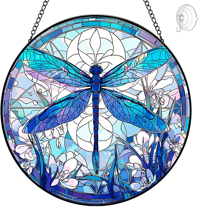 Dragonfly Suncatcher Stained Glass Window Hanging - 8” Stained Glass Suncatchers for Windows - Sun Catchers Indoor Window Catcher with Hooks and Chain - Birthday Gifts for Mom Grandma