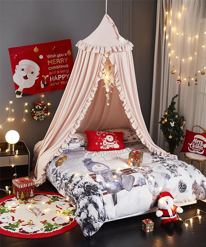 VETHIN Bed Canopy for Girls,Princess Round Dome Dreamy Mosquito Net Bedding Girls Room Castle Play Tent Hanging House Decor Reading Nook Canopies (Beige Pink)