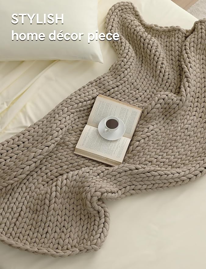 YnM Chunky Throw Blanket, Medium-Weight, Hand Knitted, Skin Friendly, Ventilated and Breathable, Machine Washable, Home Décor Piece for Couch, Sofa and Bed (Beige, 50x70 Inch)