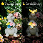 Solar Bunny Statues Light with Butterfly LED - Auto On/Off Weathproof Resin Garden Figurine Decor Gift for Pathway, Patio & Mom's Flower Bed (Warm Light)