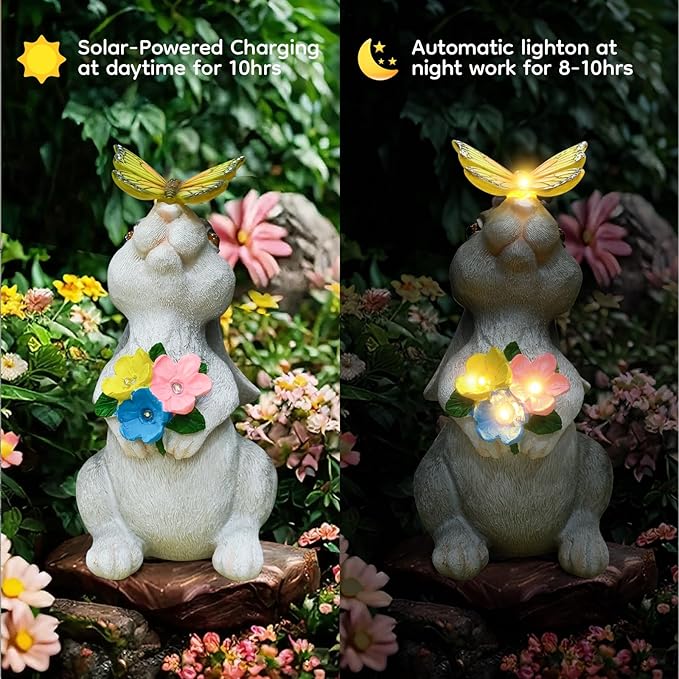 Solar Bunny Statues Light with Butterfly LED - Auto On/Off Weathproof Resin Garden Figurine Decor Gift for Pathway, Patio & Mom's Flower Bed (Warm Light)