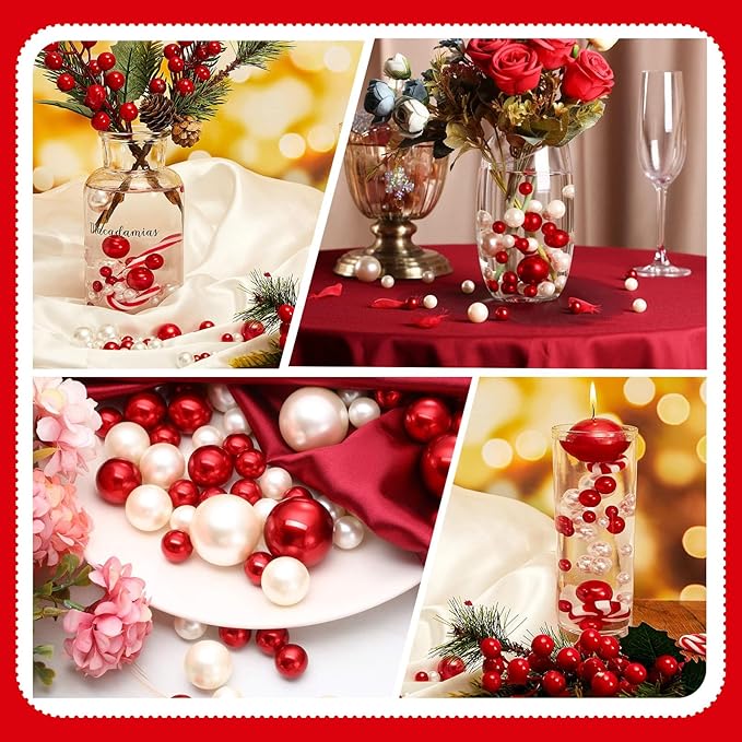 Red White Vase Filler | 150PCS Pearls Bead for Centerpieces Vases | 8/14/20 mm No Hole Beads, Fake Pearls for Wedding Birthday Theme Party Table Centerpieces Decor
