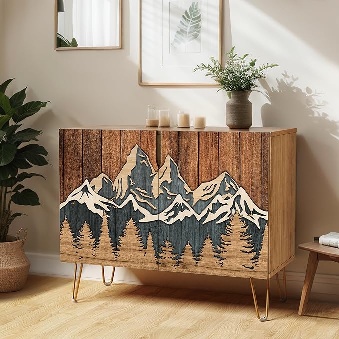 SIGNWIN Sideboard Buffet Cabinet, Kitchen Storage Cabinet with 2 Doors, Countryside Wood Panel Mountain Forest, Cupboard Console Table for Dining Room - 35" L x 18" W x 29" H