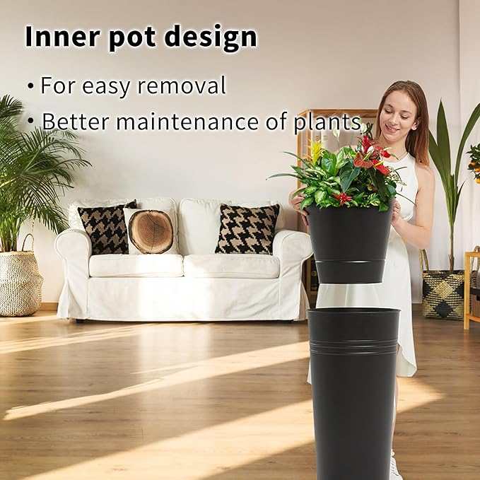 KOL 22''H 2-Pack Planter with Water Level Indicator - Galvanized Steel Pot - Self Watering Planters Flower Pot for Plant - Inner Pot Design - Round Metal Planter Box - Indoor Outdoor Planting - Black