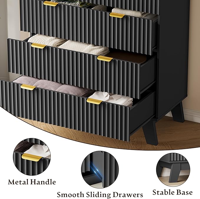 46" Tall Dresser for Bedroom, 6-Drawer Fluted Chest of Drawers, Modern Wood Highboy with Deep Storage, Metal Slides and Handles, Anti-Tip Kit, Vertical Clothes Organizer for Apartment, Nursery