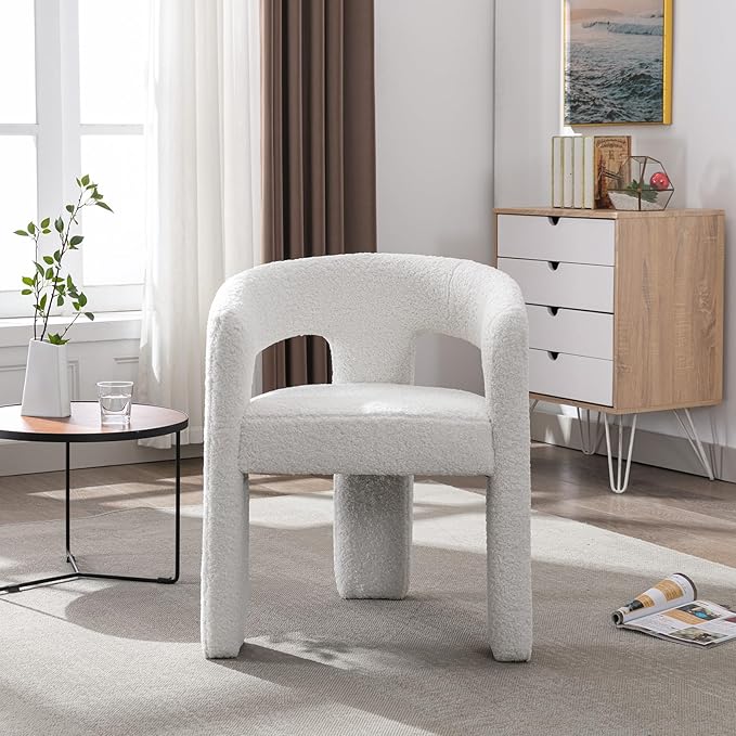 White Boucle Dining Chairs Set of 6, Modern Barrel Dining Room Chairs Upholstered Faux Fur Accent Chair with Arms and Round Back for Living Room Kitchen Armchair No Assembly Needed