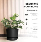 Elly Décor 12 inch Plastic Cylinder Planter Pot with Self-Watering Saucer and Drainage Hole,Lightweight & Extremely Durable, 12"x 12", Black