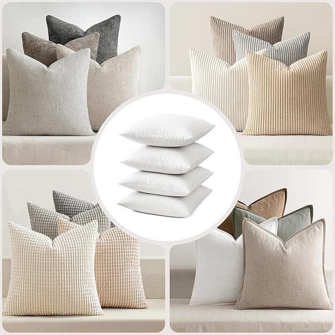 MIULEE Pillow Inserts 22x22 (Pack of 4,White), Down Feather Throw Pillow Inserts, Premium Fluffy Stuffer Throw Pillows Cotton Fabric for Sofa Bed Couch