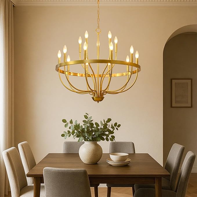 Gold Chandelier 15-Light Candle Chandelier Modern Farmhouse Pendant Lighting Fixture for Dining Room Bedroom Living Room Kitchen Island Foyer Entryway E12 Bulb Vintage Golden Ceiling Light