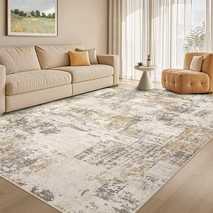 Tortania Washable 5x7 Area Rug for Living Room: Modern Abstract Neutral Large Soft Thin Rugs - Non Slip Indoor Carpet for Bedroom Dining Room Office Nursery Home Floor Decoration - Beige/Brown/Gray