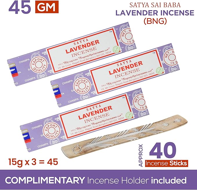 Satya Lavender Incense Sticks, Satya Bng (Bangalore) Insenses 15gmx3 Pack (45 GMS) with Raajsee Incense Holder Bundle, Satya Nagchampa Natural Incense