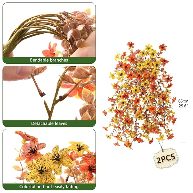Artificial Hanging Fall Flowers for Outdoors Decoration,2 Pcs Fake Silk Plant Ourdoor Daisy Realistic UV Resistant for Home Indoor Porch Patio Wall Balcony Yard(Yellow Orange)