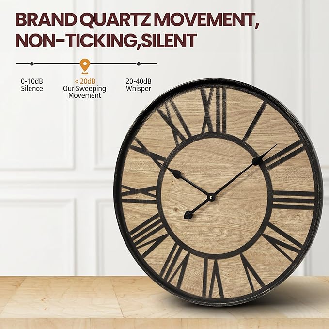 Large Wall Clock for Living Room Decor, Non Ticking Silent, Battery Operated Modern Vintage Wood Wall Clock Oversized Decorative Wall Clock for Bedroom Kitchen Farmhouse Office Decor
