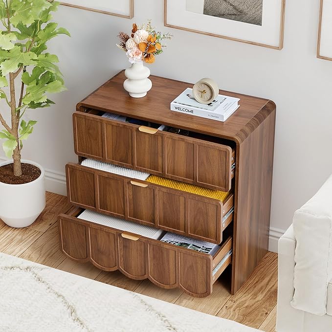 3 Drawer Dresser for Bedroom Set of 2, Modern Closet Chest of Drawers with Wave Fluted Drawer, Wood Storage Small Dresser Organizer for Nursery Bedroom Living Room Hallway Closet (Walnut)