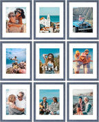 Vittanly 11x14 Picture Frames Set of 9, Shatter Resistant Plexiglass, Display 8x10 Pictures with Mat or 11x14 without Mat, Photo Frames for Wall or Tabletop, Engineered Wood, Navy