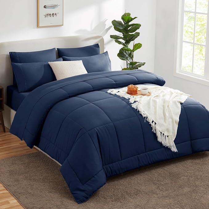 CozyLux Oversized Queen Comforter Sets Navy Blue, 7 Pieces Bed in a Bag, Ultra-Soft All Season Bedding Sets with Stitch Quilted Comforter, Flat Sheet, Fitted Sheet, Pillowcases, Navy Blue