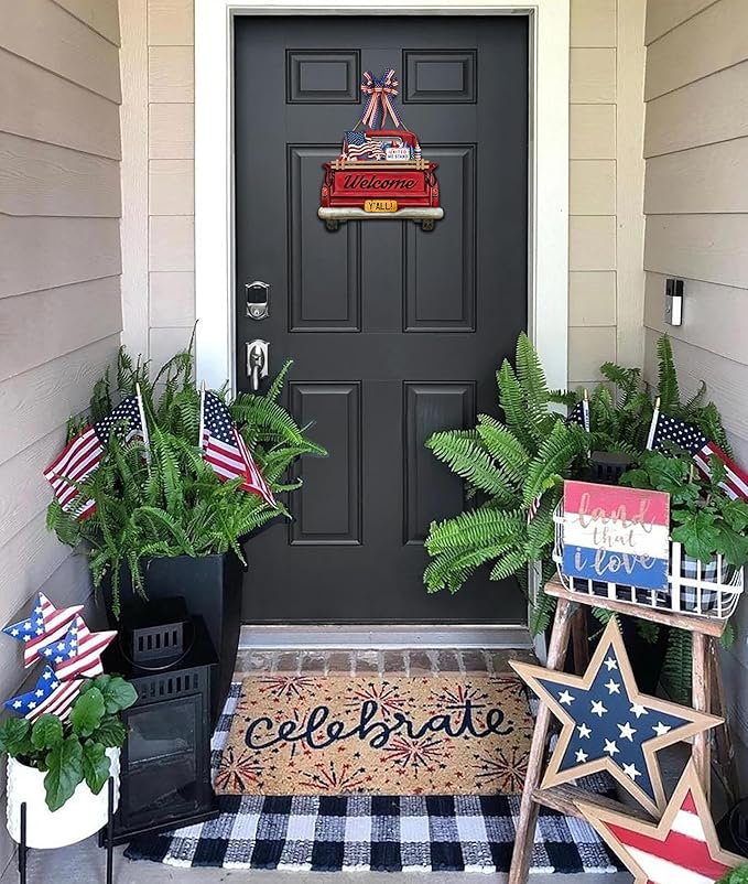 Interchangeable Welcome Sign for Front Door Red Farmhouse Truck Decor Hanging Sign with 11 Interchangeable Seasonal and Holiday Decor Signs 12x14 in. (Country Rustic)