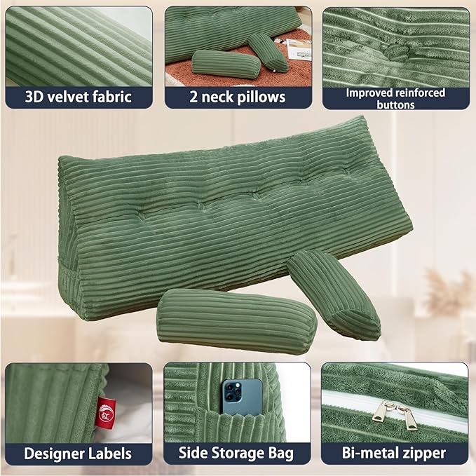 Headboard Pillow King with 2 Pack Neck Roll Pillow Large Headboard Pillow Soft and Supportive with Removable Cover (sage Green, King：76x8x20 Inches)