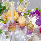 Double Sided Vintage Ribbed Taper Glass Candle Holders,Tea Candle Holder for Table Centerpieces, Wedding Decorations and Dinner Parties (Purple-Pink-Yellow, 3 PCS)