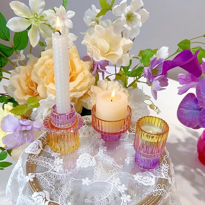 Double Sided Vintage Ribbed Taper Glass Candle Holders,Tea Candle Holder for Table Centerpieces, Wedding Decorations and Dinner Parties (Purple-Pink-Yellow, 3 PCS)