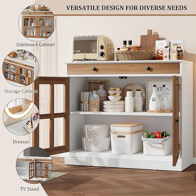 GarveeHome 35.4 in Sideboard Buffet Cabinets with Glass Door, Buffet Cabinet with Storage, White&Brown Sideboard Cabinet with Drawer, Modern Buffets & Sideboards for Dining Room, Kitchen