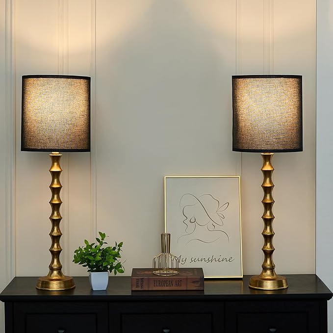 30.5" Gold Buffet Lamps Set of 2 with Black Shade, Buffet Table Lamps Set of 2 for Living Room, Black Golden Lamp for Dining Room, Golden Bamboo Lamps for Credenza