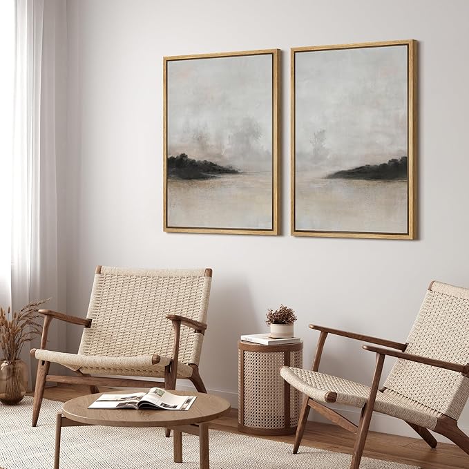 SIGNFORD Framed Canvas Print Wall Art Set Misty Horizon Soft Neutral Toned Landscape Illustration Modern Art Decorative Nordic Nature for Living Room, Bedroom, Office - 24"x36"x2 Natural