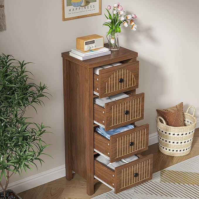 4 Drawer Dresser for Bedroom Set of 2, 36.81''Tall Modern Chest of Drawers with Fluted Panel, Wood Storage Dresser Organizer with Deep Drawers for Nursery Living Room Hallway (2, Walnut)