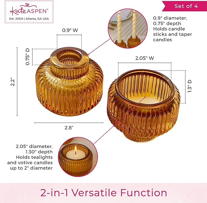 Kate Aspen Amber Taper Candle Holders for Candlesticks Set of 4 - Fluted Candlestick Holders for Fall Decor, Home Decor, Votive Candle Holder Decor, Tea Light Holder, Centerpiece Table Decorations
